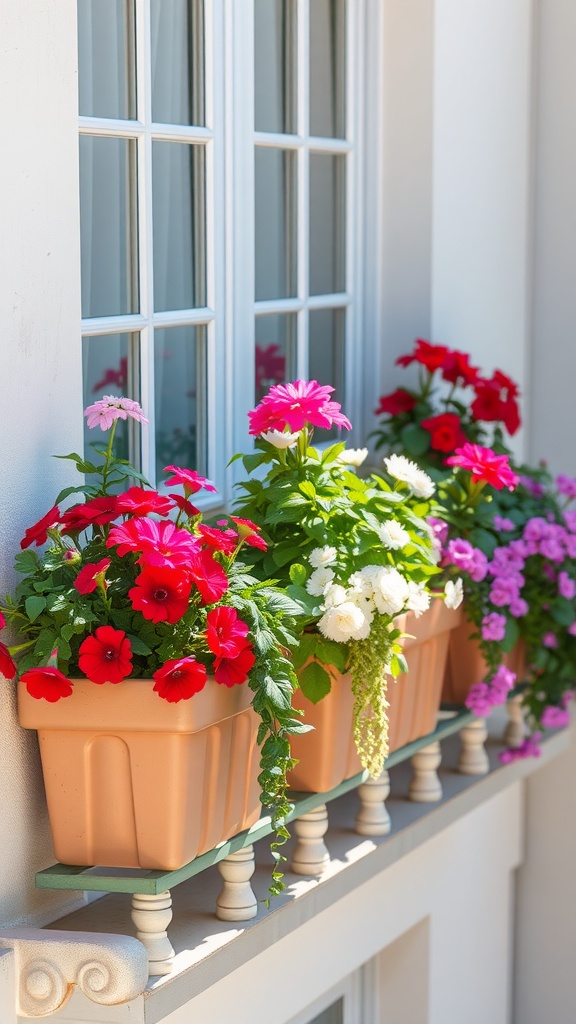 Colorful rail planters filled with flowers on a balcony railing.