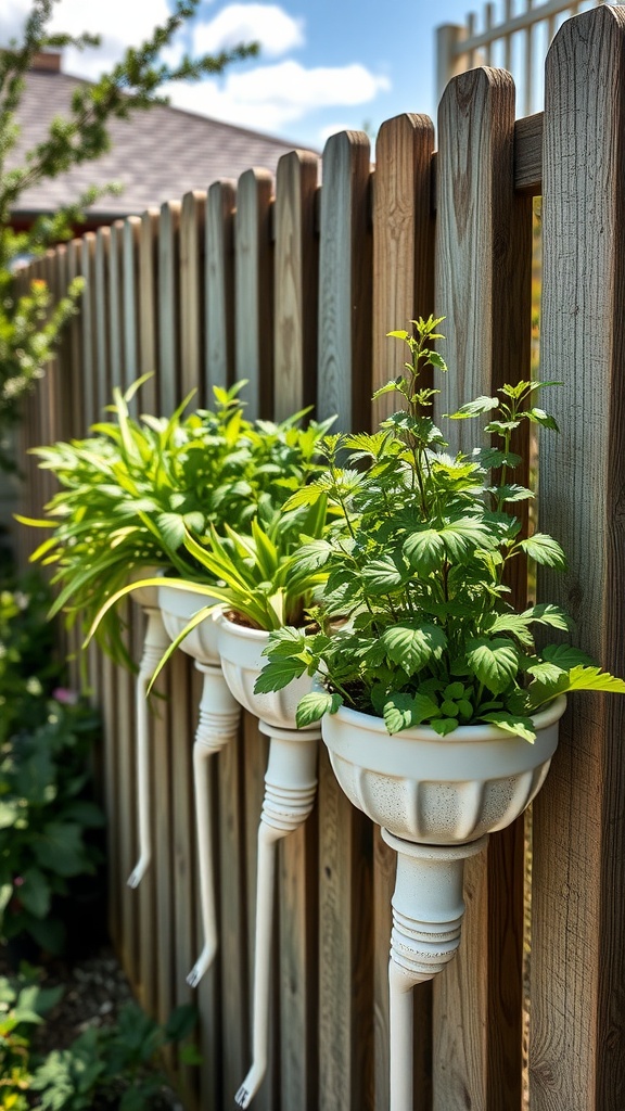 Rain gutter planters filled with herbs hanging on a wooden fence