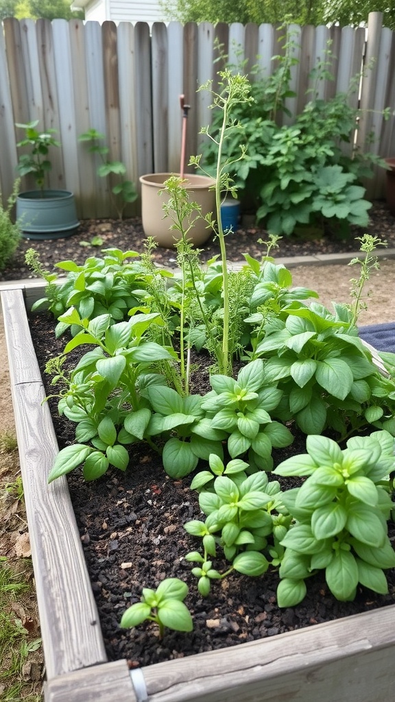 A raised bed filled with various herbs, showcasing lush green plants.