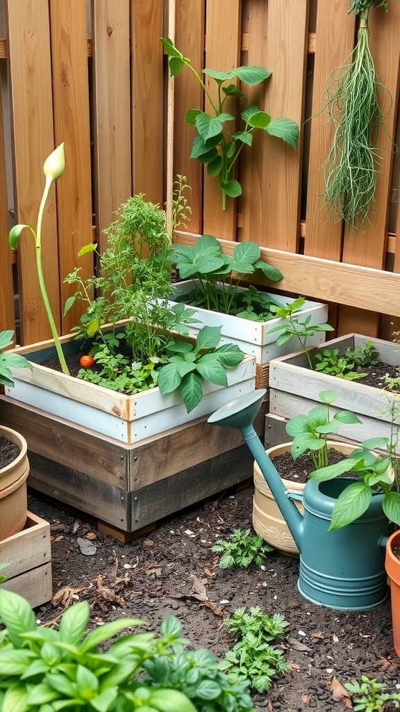A corner garden featuring raised vegetable planters with various plants and a watering can.