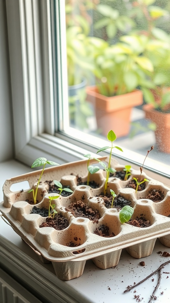 A recycled egg carton filled with soil and small seedlings on a windowsill.