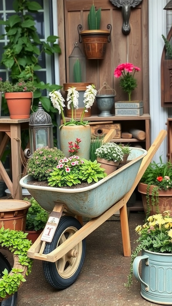 A vintage wheelbarrow filled with colorful flowers and plants, set against a rustic wooden backdrop.