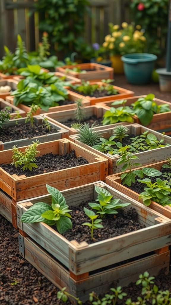 A garden filled with repurposed wooden crates used as planters, showcasing various plants.