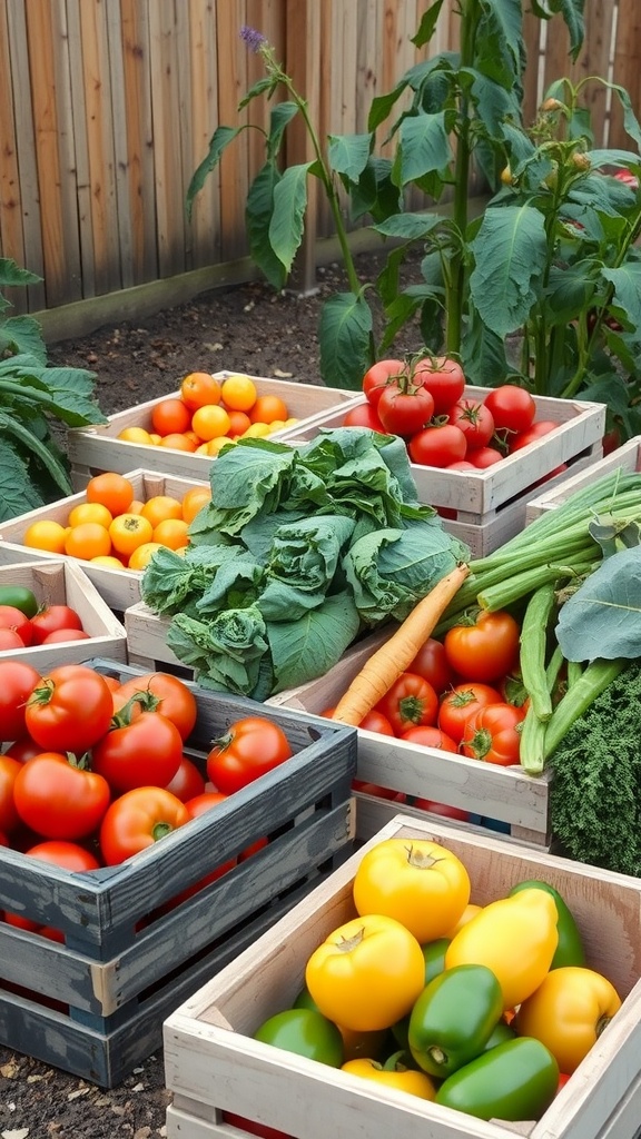 Wooden crates filled with fresh vegetables like tomatoes, peppers, and leafy greens in a garden setting.