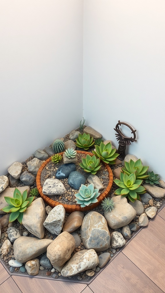 A corner rock garden featuring various succulents and stones, with a decorative metal piece.