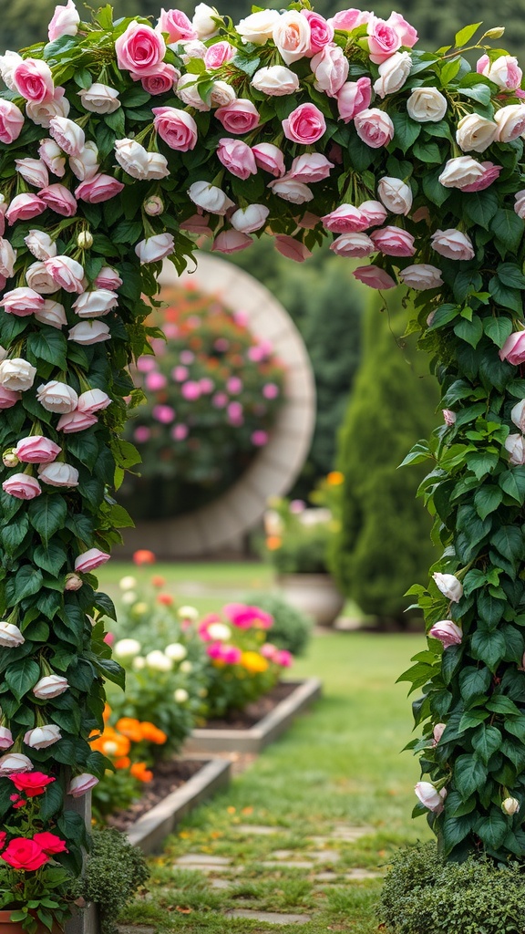 An archway covered in pink and white roses leading to a colorful flower garden.