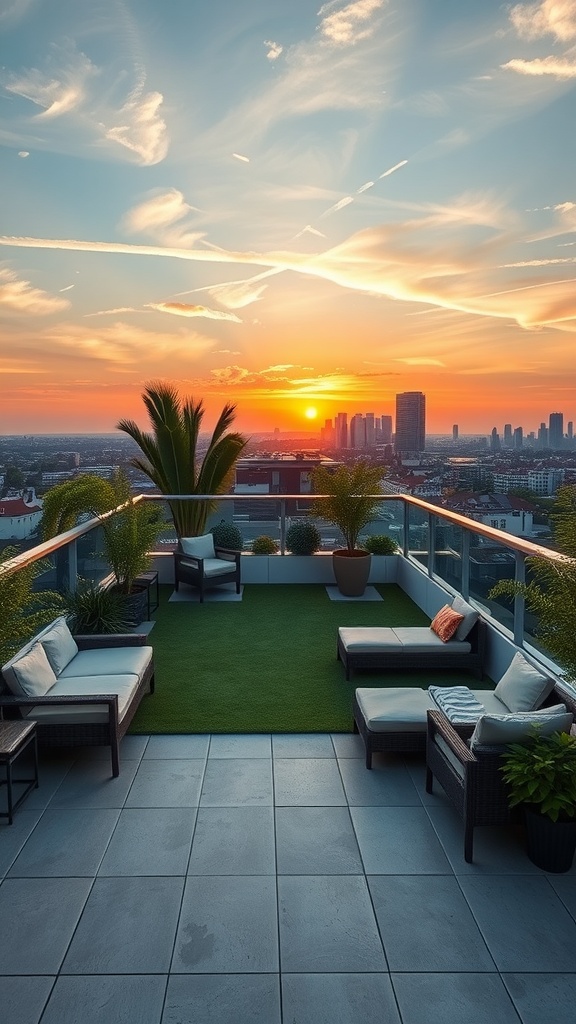 A cozy rooftop garden with seating and a sunset view over the city skyline.