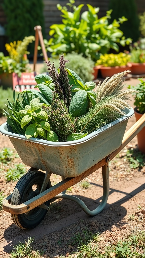 A rustic wheelbarrow filled with various herbs, set in a garden