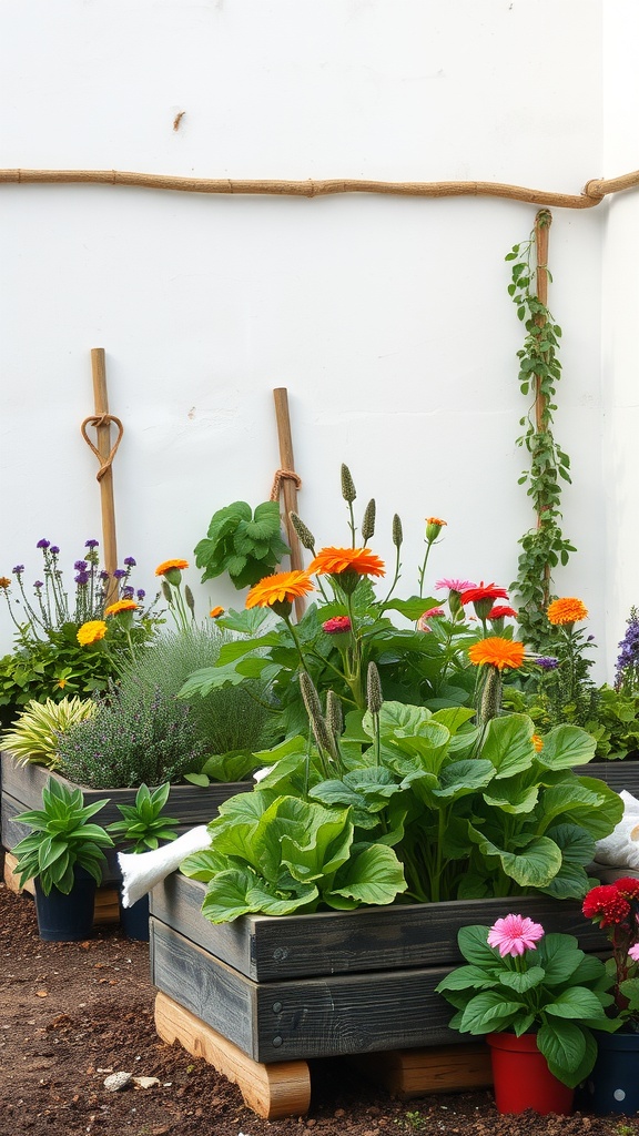 A rustic potager garden featuring raised wooden beds filled with colorful flowers and leafy vegetables.