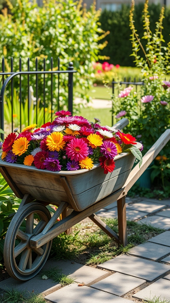 A rustic wooden wheelbarrow filled with colorful flowers in a garden setting.