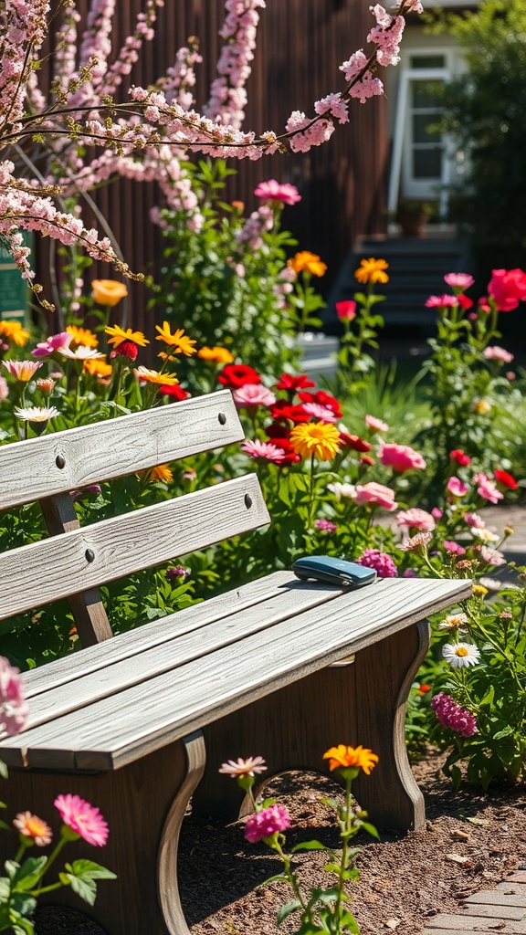 A rustic wooden bench surrounded by colorful flowers in a garden