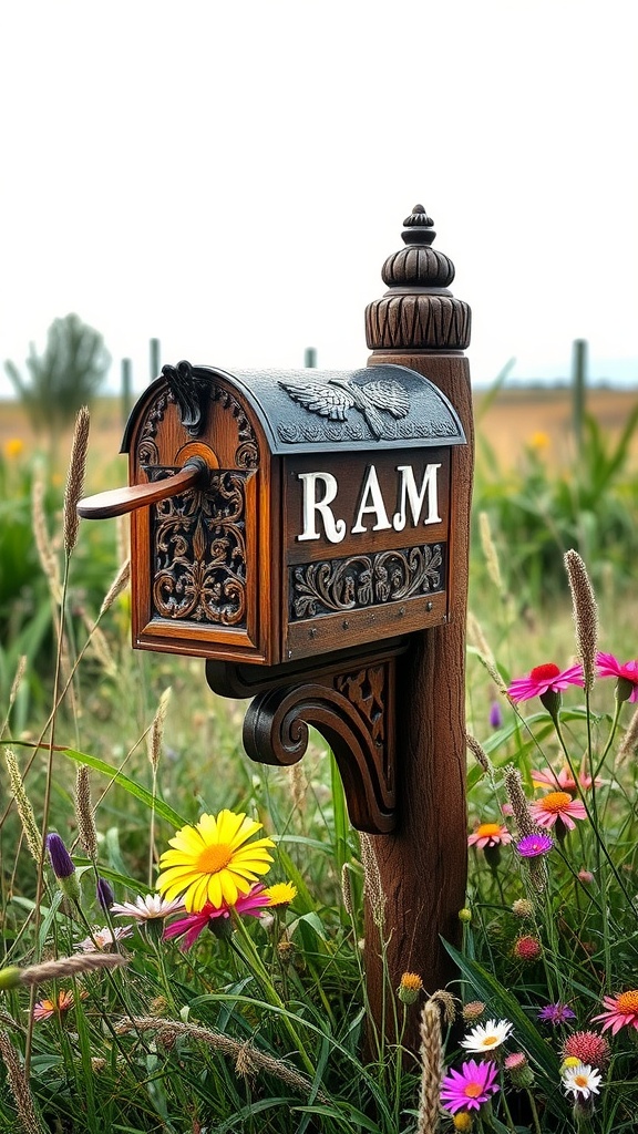 A rustic wooden mailbox with intricate designs and flowers around it.