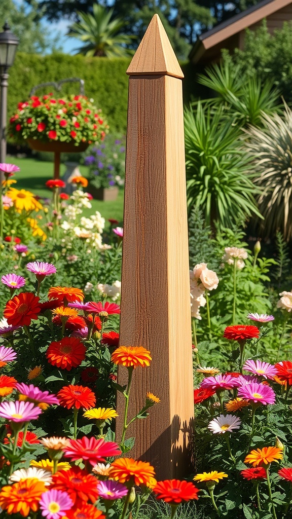 A rustic wooden obelisk surrounded by colorful flowers in a garden