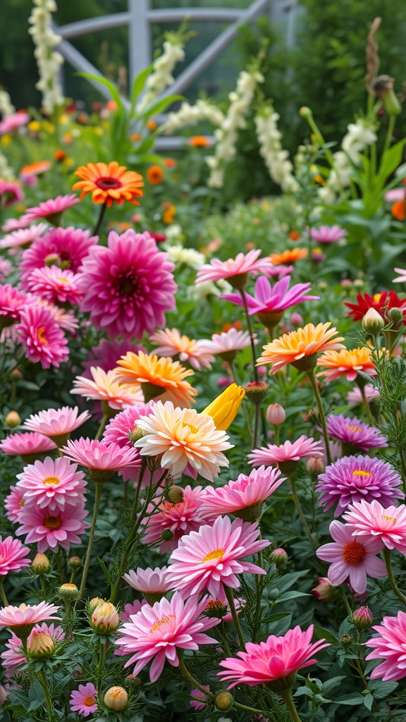 A vibrant flower garden filled with pink and orange daisies and other colorful blooms.
