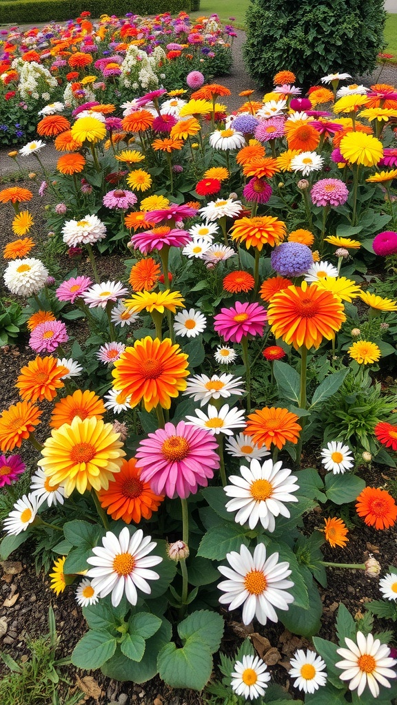 A vibrant flower garden featuring a mix of colorful flowers including daisies and gerbera daisies.