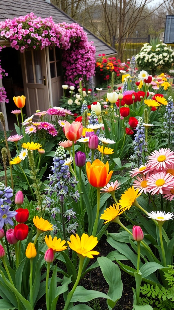 A colorful garden filled with various seasonal flowers including tulips, daisies, and blue flowers, with a charming structure in the background.