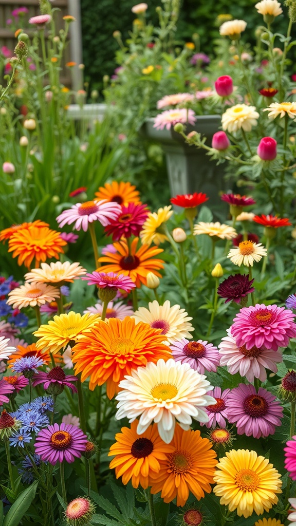 A vibrant display of seasonal flowers in a garden, featuring colorful daisies and gerberas.