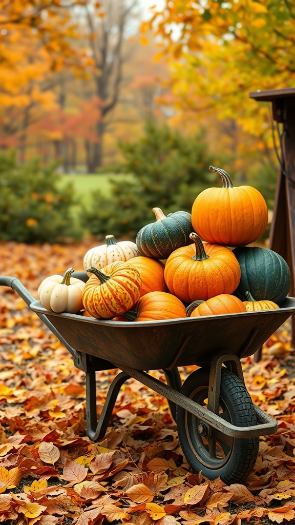 A wheelbarrow filled with colorful pumpkins surrounded by autumn leaves.