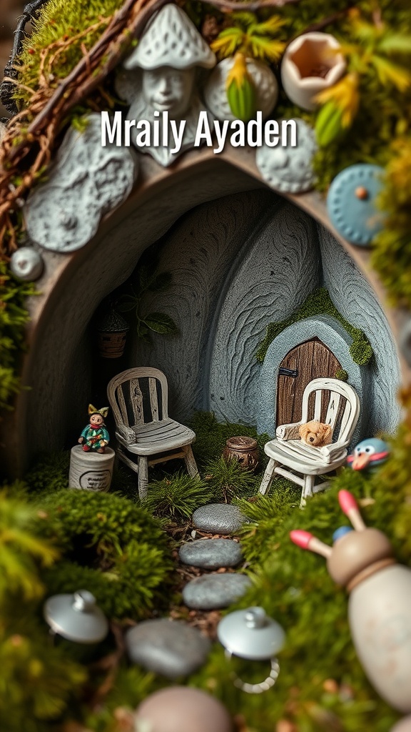 A cozy fairy hideaway with miniature chairs, a small dog, and a mossy entrance.
