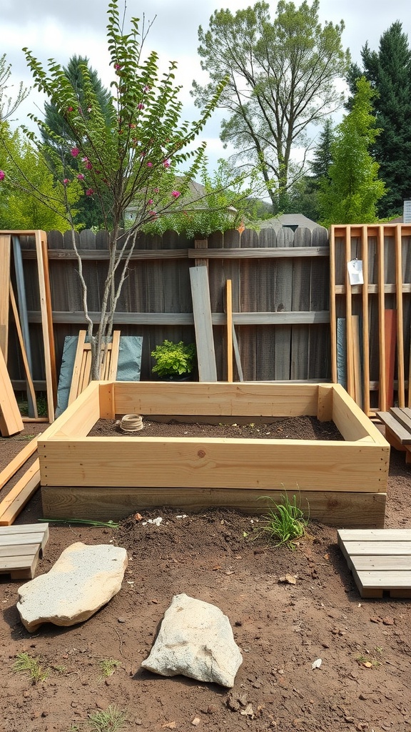 A DIY raised garden bed made of wood, surrounded by various materials and stones.