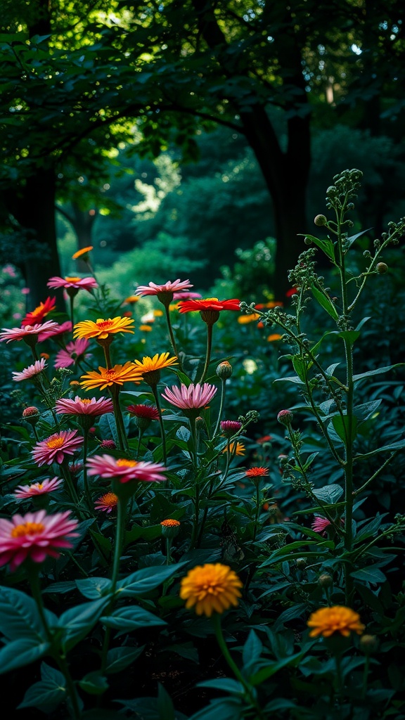 A vibrant shade flower garden featuring pink, yellow, and orange flowers surrounded by lush greenery.