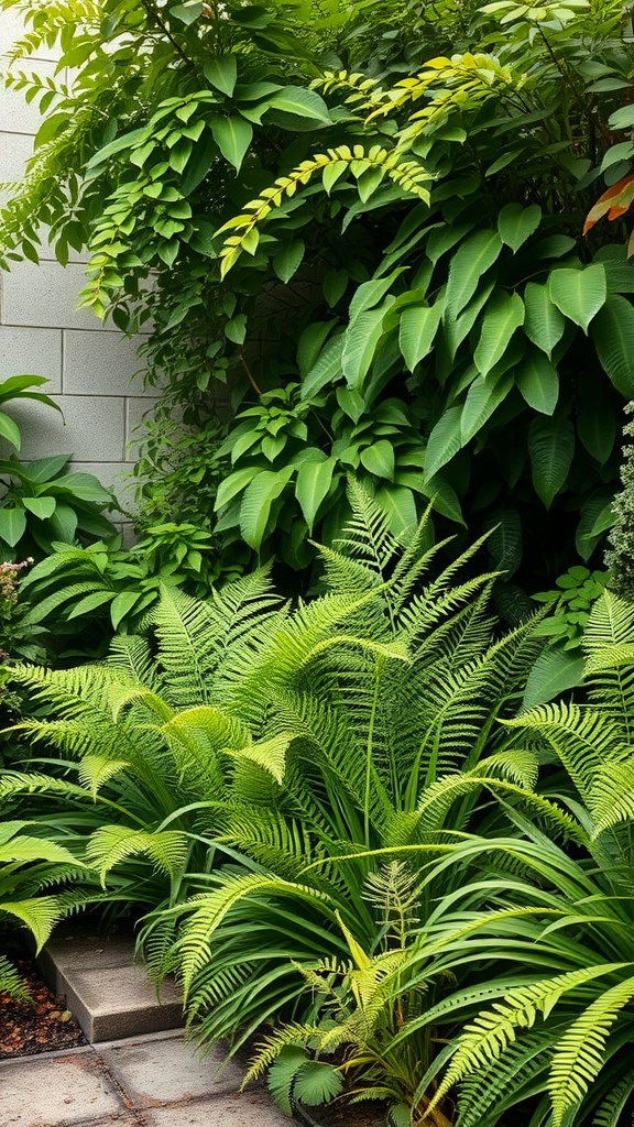 Lush green ferns in a corner garden with stepping stones