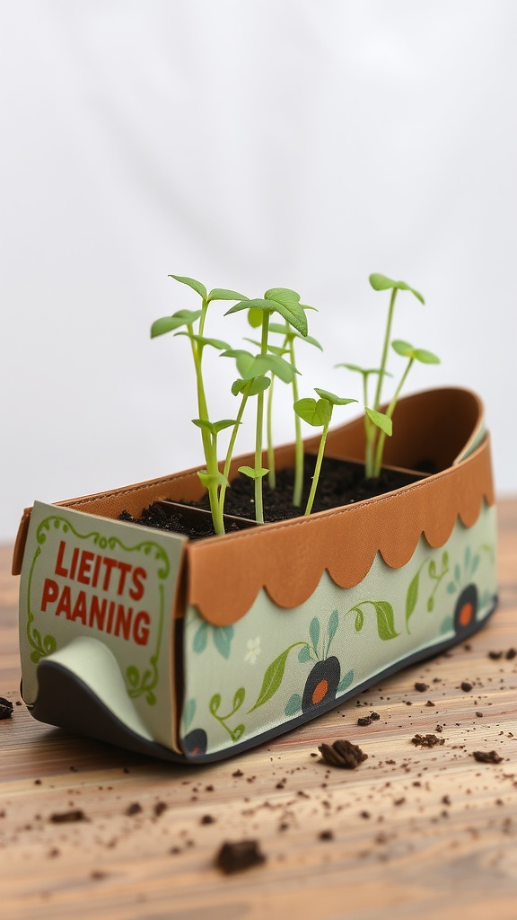 A shoe box used as a seedling organizer with small green plants growing inside.