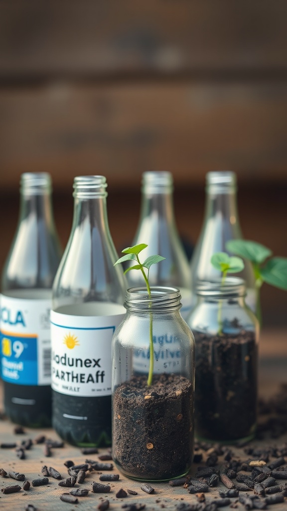Soda bottles used as seed starters with small plants growing inside