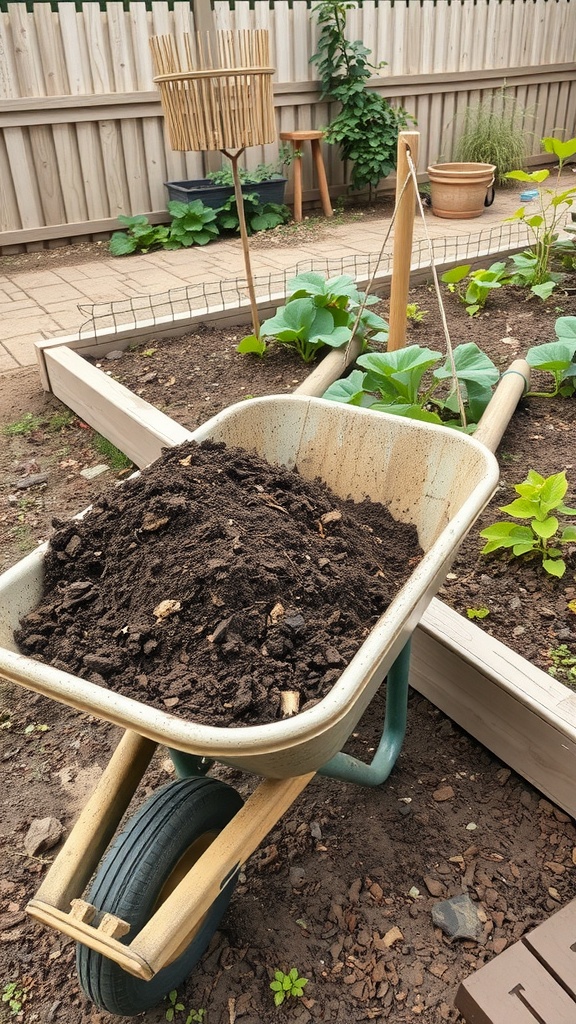 A wheelbarrow filled with dark soil in a garden with raised beds and young plants.