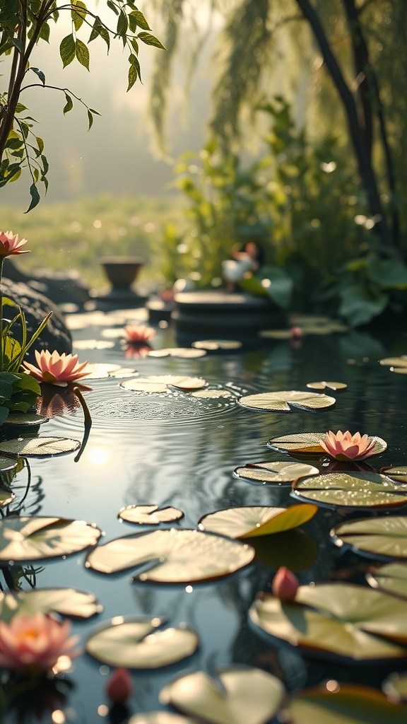 A serene fairy pond with pink lilies and lush greenery