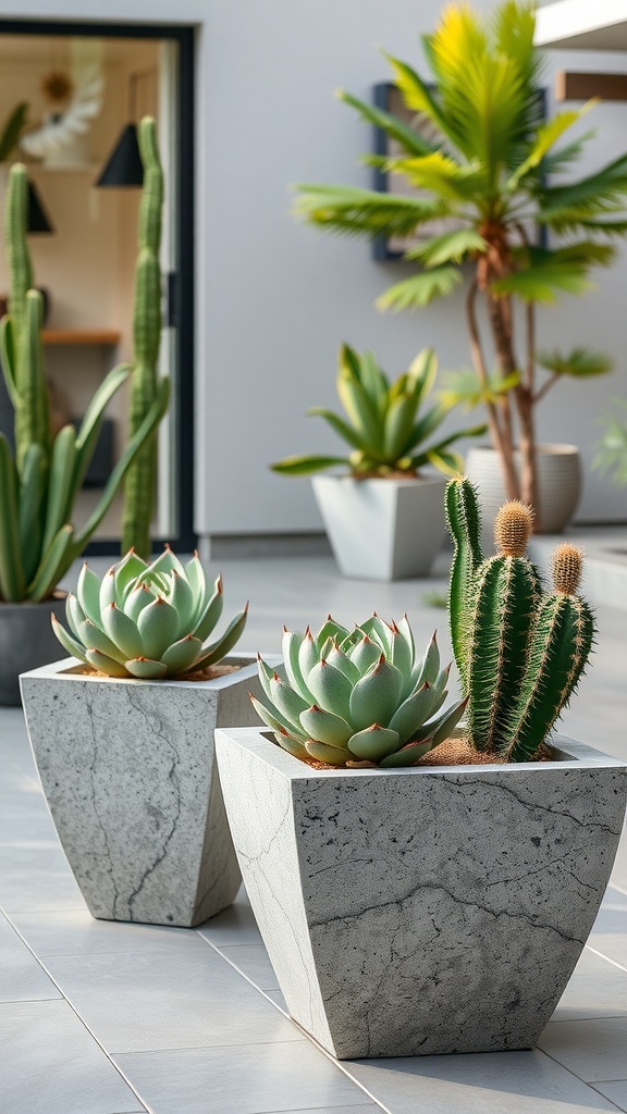 Two stone planters with succulents and a cactus in a modern outdoor setting