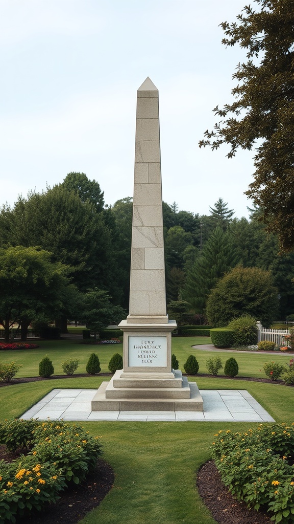 A tall stone obelisk surrounded by greenery and flowers in a garden.