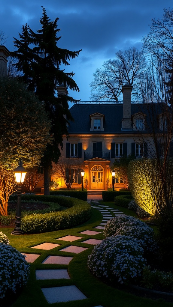 A beautifully lit garden pathway leading to a home, featuring lamps and lush greenery.