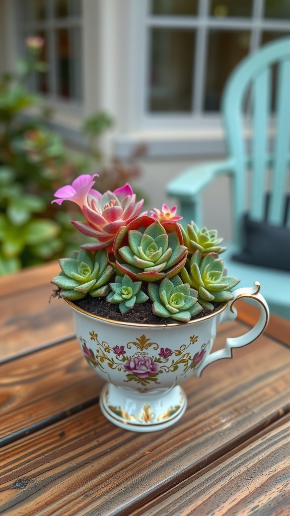 A colorful arrangement of succulents in a vintage teacup on a wooden table.