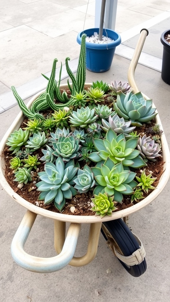 A wheelbarrow filled with various succulents, showcasing their shapes and colors.