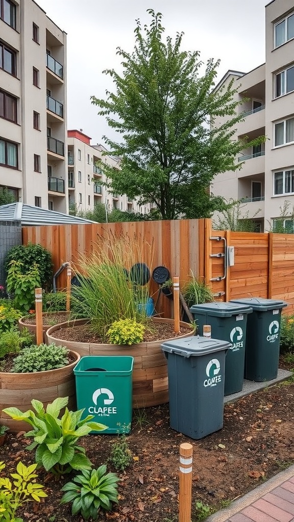 A sustainable city garden with raised beds, various plants, and recycling bins.