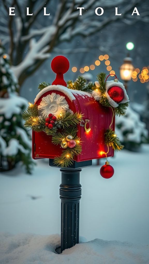 A festive red mailbox decorated for the winter holidays with ornaments, greenery, and lights, set against a snowy background.