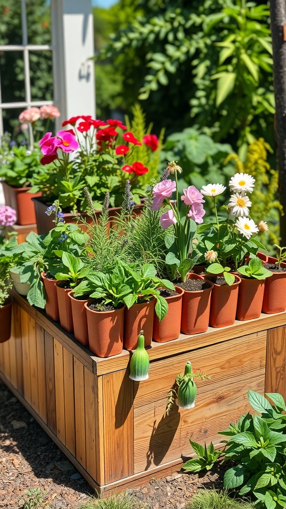 A tiered planter box filled with colorful flowers and greenery, showcasing a wooden structure with multiple levels.