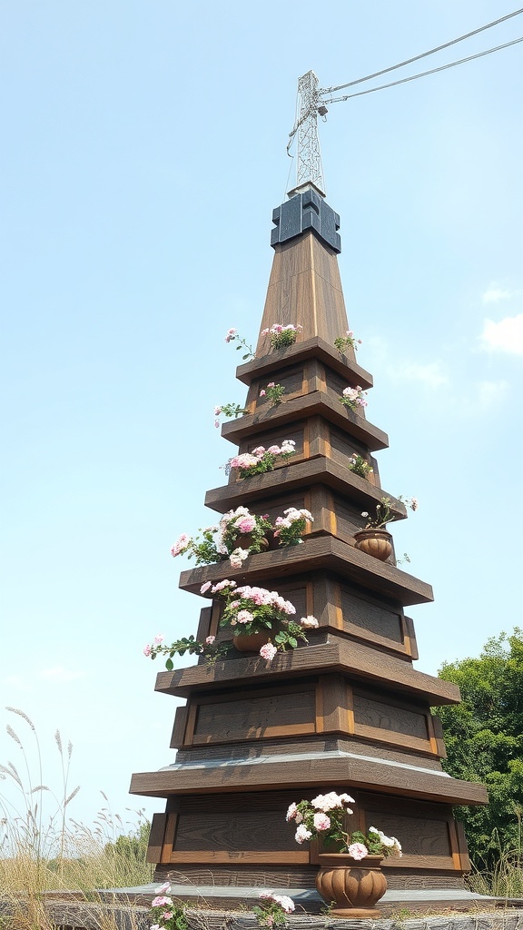 A tiered wooden obelisk with flowers in pots, set against a blue sky.