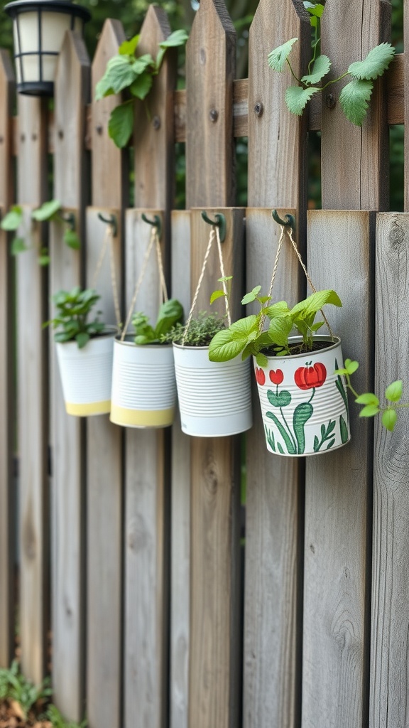 Colorful tin cans hanging on a wooden fence, filled with various herbs.