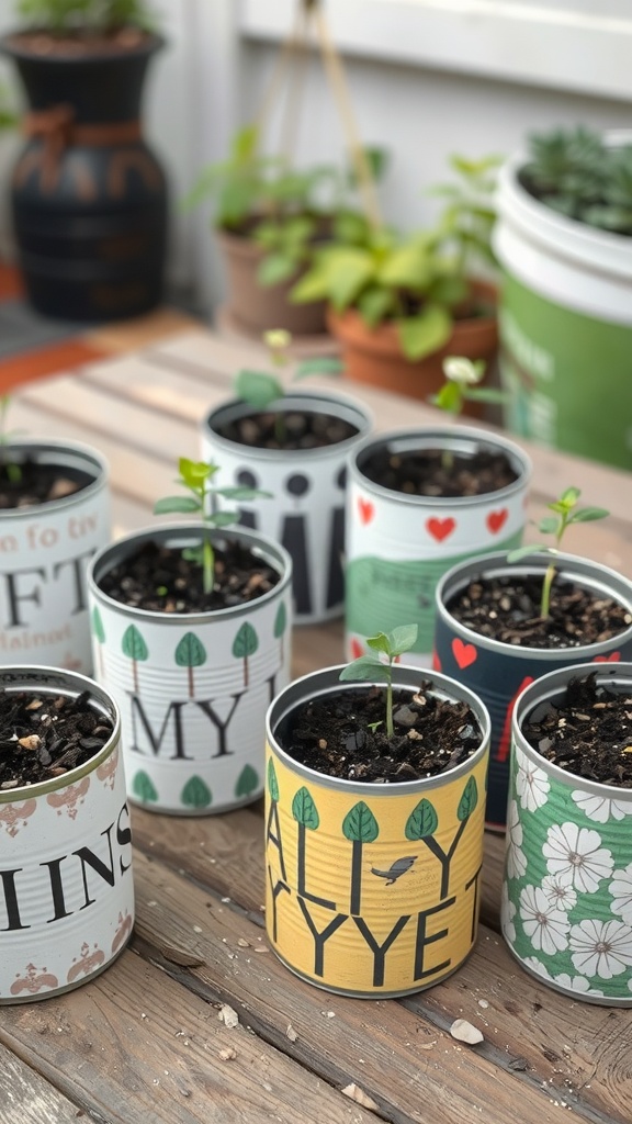 A collection of colorful tin cans used as seed starters, each with small seedlings growing in them.
