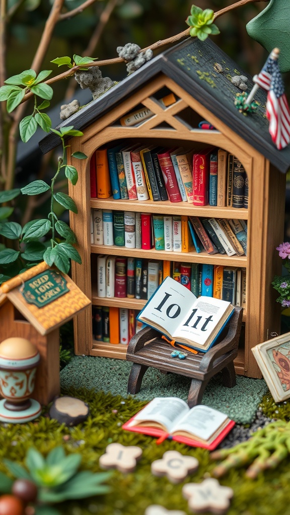 A miniature fairy library with colorful books, a small bench, and decorative elements in a fairy garden.