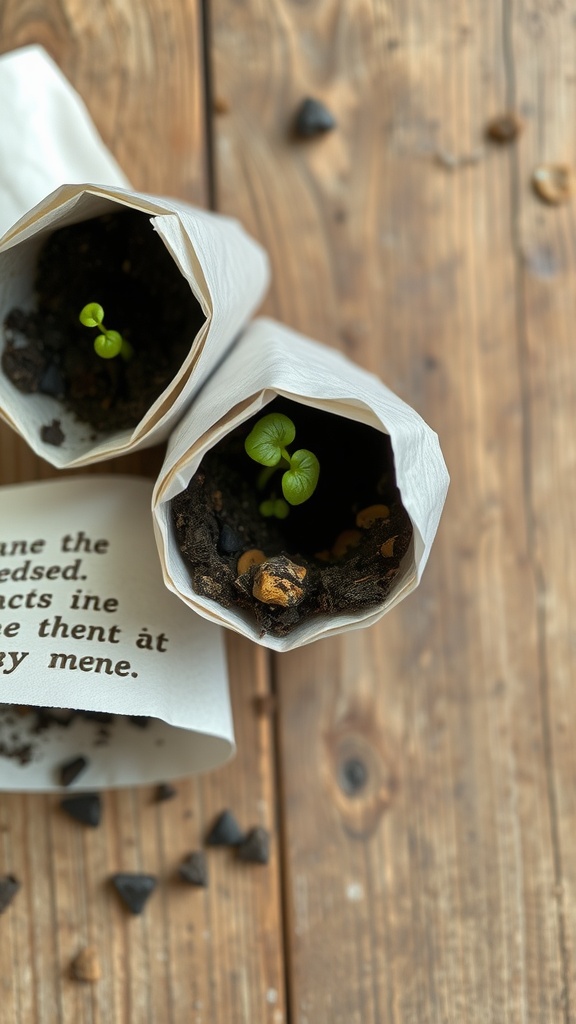 Two toilet paper roll seed pods with seedlings growing inside on a wooden surface.