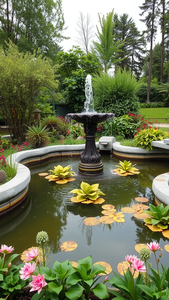 A tranquil garden featuring a fountain surrounded by flowers and lily pads.