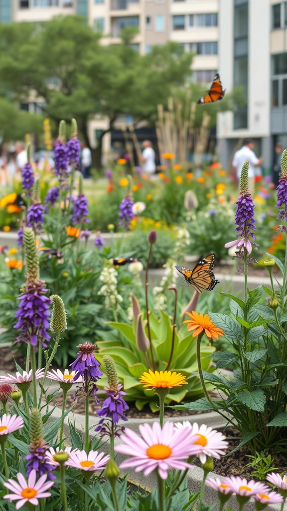 A colorful urban garden with various flowers and butterflies, showcasing a vibrant wildlife habitat.