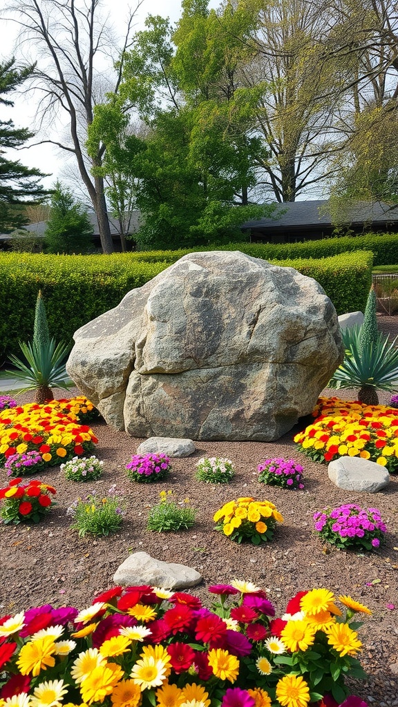 A large boulder surrounded by colorful flowers in a garden setting.