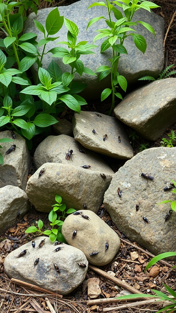 Boulders surrounded by green plants with insects on them
