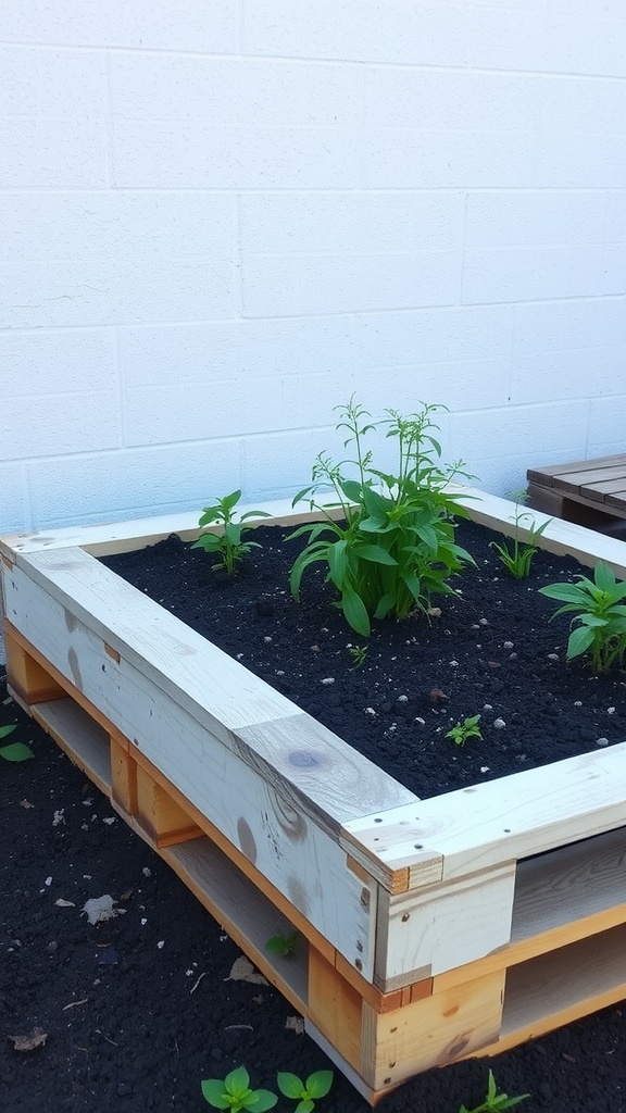 A raised garden bed made from wooden pallets with young plants growing in it.