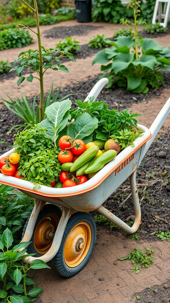 A wheelbarrow filled with fresh vegetables in a garden setting.