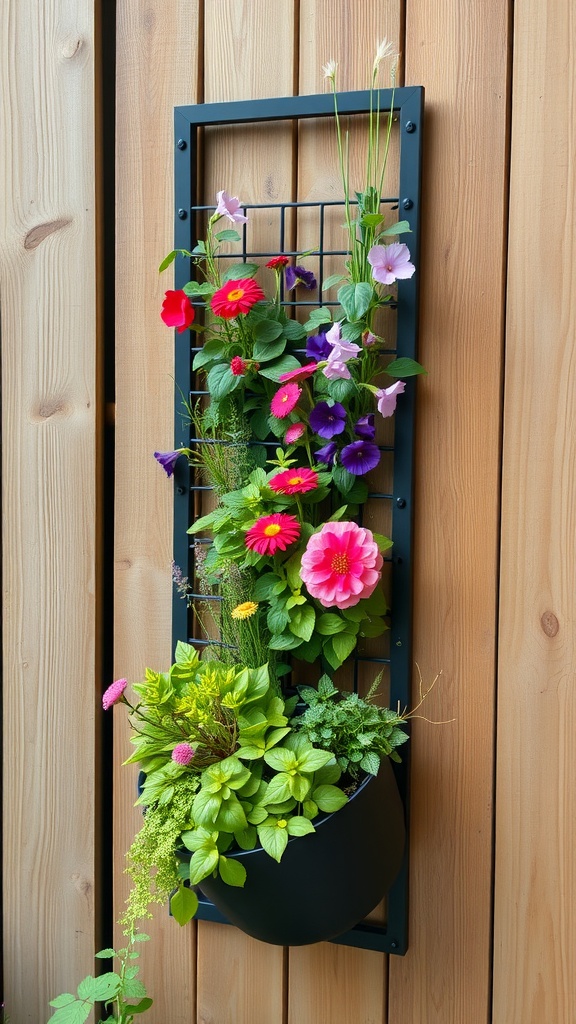 A vertical garden planter with colorful flowers and greenery mounted on a wooden wall.